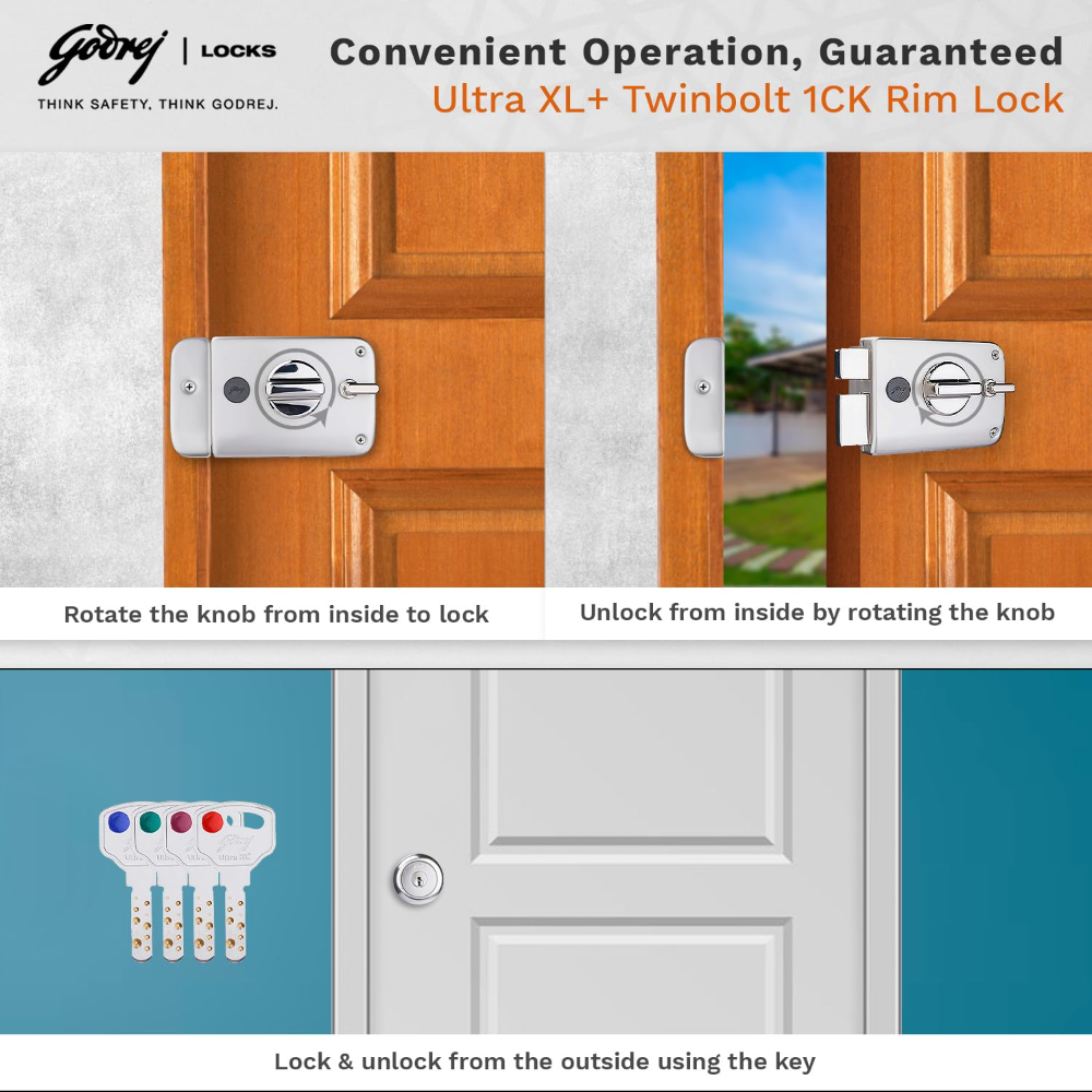 Godrej Rim Lock I Twinbolt Ultra XL plus I 1CK Deadbolt I for Inside Opening Door I LeftorRight Handed Doors I 4 Keys I 5-Year Warranty I Manual Locking l Satin Nickel Finish
